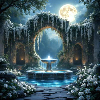 Primary subject: A fountain with a large bowl in the middle, surrounded by a forest and a moon in the background.

Setting/background: The fountain is located in a forest, with a moon visible in the background.

Visual style: The image is a digital artwork.

Colors and mood: The image has a serene and peaceful atmosphere, with the blue fountain and the moon creating a calming effect.